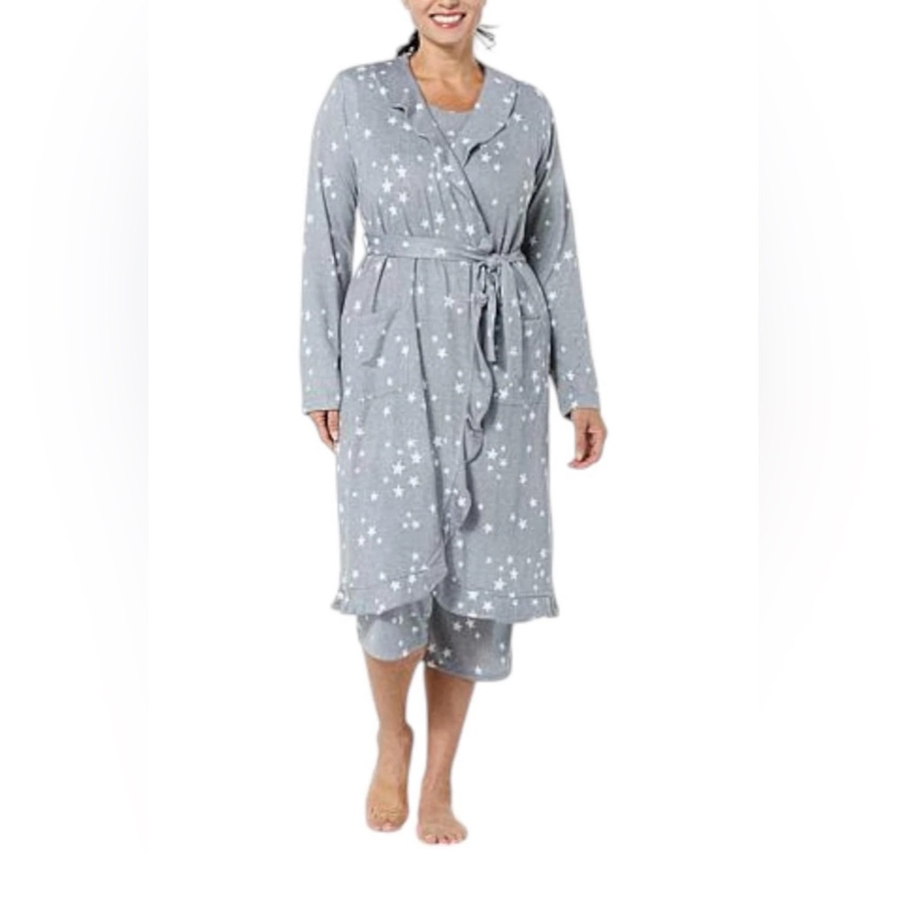 Comfort Code Women's Sweet & Sassy Brushed Ultra Knit Robe Gray Tossed Stars XS